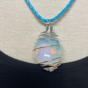 Tumbled Opalite Cage Charm Necklace on Blue Cord (7)
